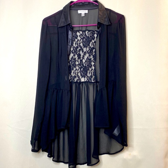Olsenboye A Gorgeous Black Sheer Button Down Blouse with Faux Leather - Size: S - Picture 3 of 15